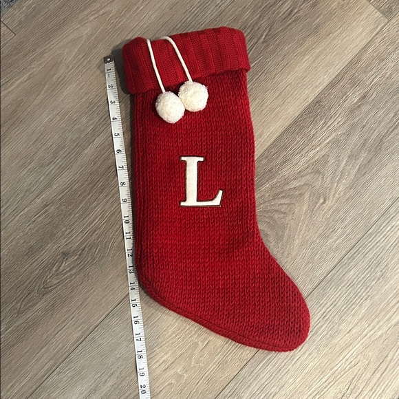 Red Knit Christmas Stocking with‎ Pom Poms and Letter “L” - Picture 4 of 5